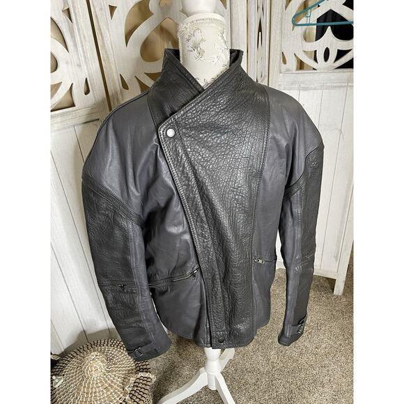 Cougar International Unisex Black Gray Leather Moto Bomber Jacket Size 42 - Picture 1 of 7